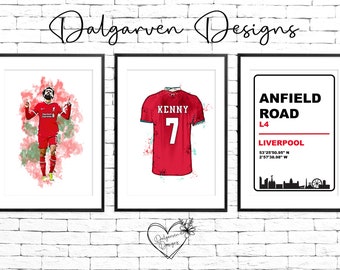 Set of 3 Personalised Mohamed - Mo Salah Liverpool Football Player Watercolour Print Wall Art Poster Gift. A4, A3, Birthday Dad Son