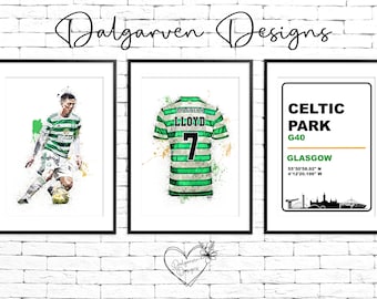 Set of 3 Personalised Callum McGregor Celtic Captain Football Player Watercolour Print Wall Art Poster Gift. A4, A3, Birthday Dad Son