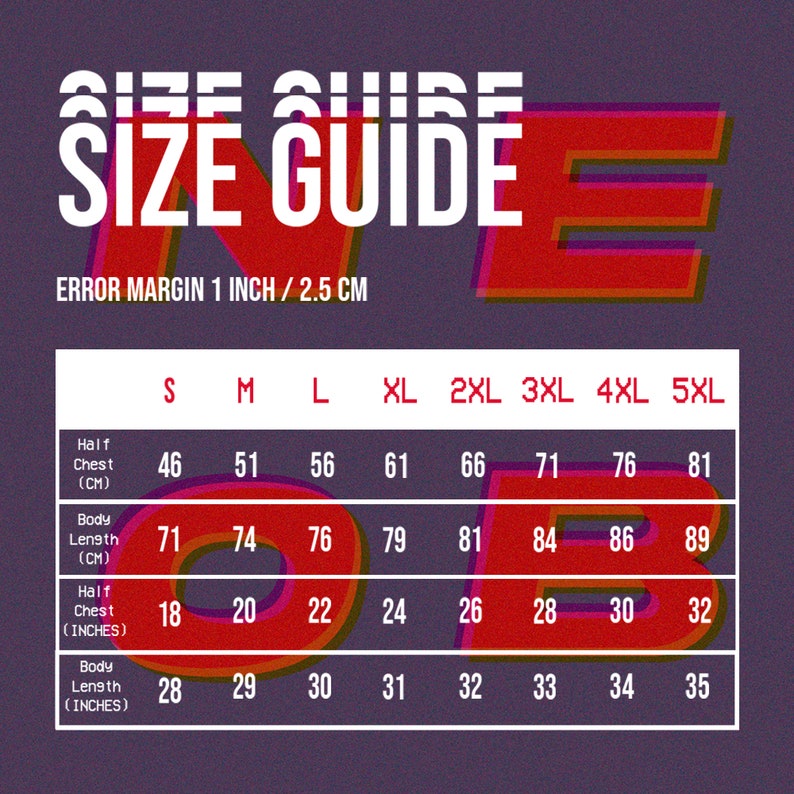 Op de afbeelding: Maattabel met metingen in inches en centimeters voor verschillende maten, van S tot 5XL. De tabel bevat metingen voor halve borst, lichaamslengte en halve borst in inches.