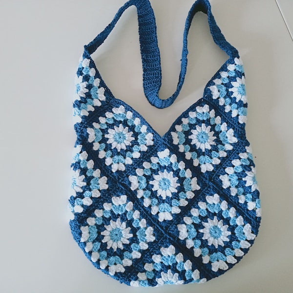 Navy Blue -White beach bag, crochet tote bag, cotton rope purse, large shopping bag, light blue pool bag, shoulder evil eye grocery bag