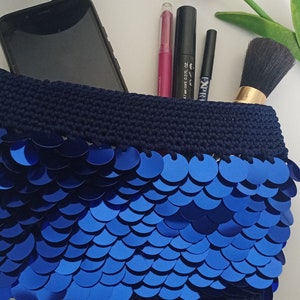 Blue sequin evening handbag, makeup case, shiny clucht, bridesmaids cloud bag, navy pouch bag