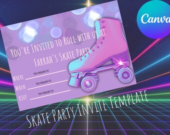 Invitación para fiesta de patinaje, 7&quot; x 5&quot;, plantilla digital Canva, imprimible, personalizable