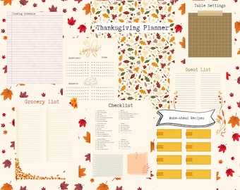 May include: Printable Thanksgiving planner with a fall leaf pattern background. The planner includes sections for a cooking schedule, grocery list, appetisers, sides, desserts, table settings, guest list, checklist, and make-ahead recipes.
