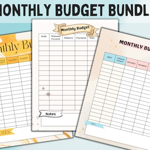 May include: Three printable monthly budget worksheets with columns for debt, minimum payment, balance, payment, date, and remaining balance. The worksheets have a light blue, pink, and yellow background with gold and white stars.