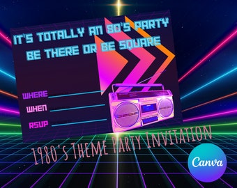 Invitación editable para fiesta temática de los años 80, 7 x 5 pulgadas, plantilla digital Canva, imprimible, personalizable