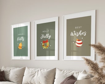 Christmas Gallery Wall Set of 3, Minimalist kids room Christmas illustration holiday art print, Merry Christmas decorations, Xmas Home Decor