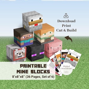 May include: A collection of printable Minecraft blocks, including characters and creatures, stacked on a grassy surface. The blocks are 8"x8"x8" and the set includes 36 pages. The image also includes the text "Download, Print, Cut & Build".