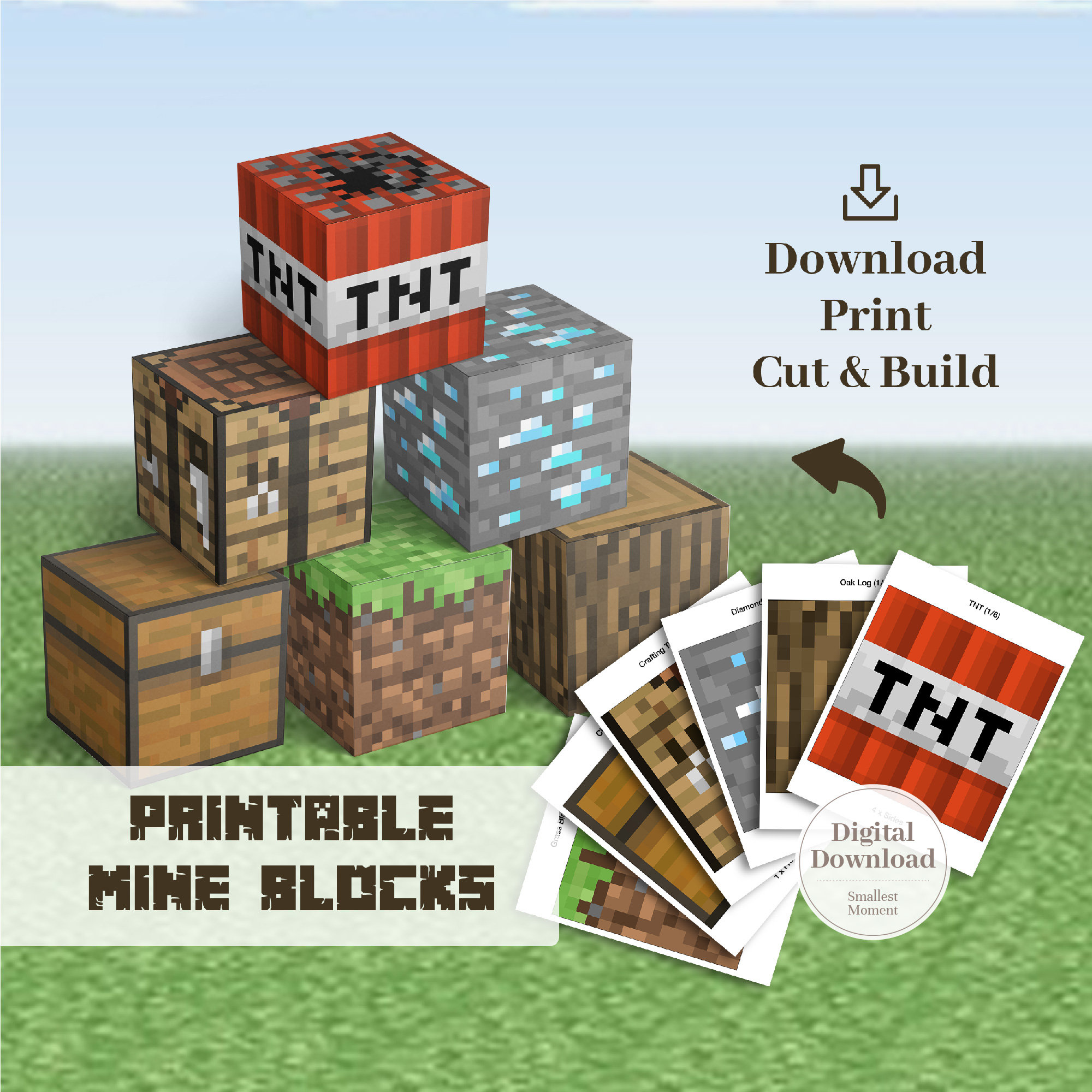 Printable Mine Block Set of 6 DIY Building Blocks Gifts 