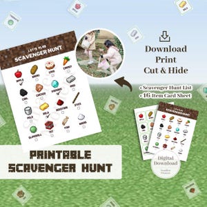 May include: Printable Minecraft scavenger hunt game with a list of 16 items to find. The list includes items like apple, bread, cake, carrot, coal, chicken, diamond, iron, milk, gold, redstone, stick, slimeball, tat, fish, and sugar. The game is perfect for a Minecraft-themed party or activity.