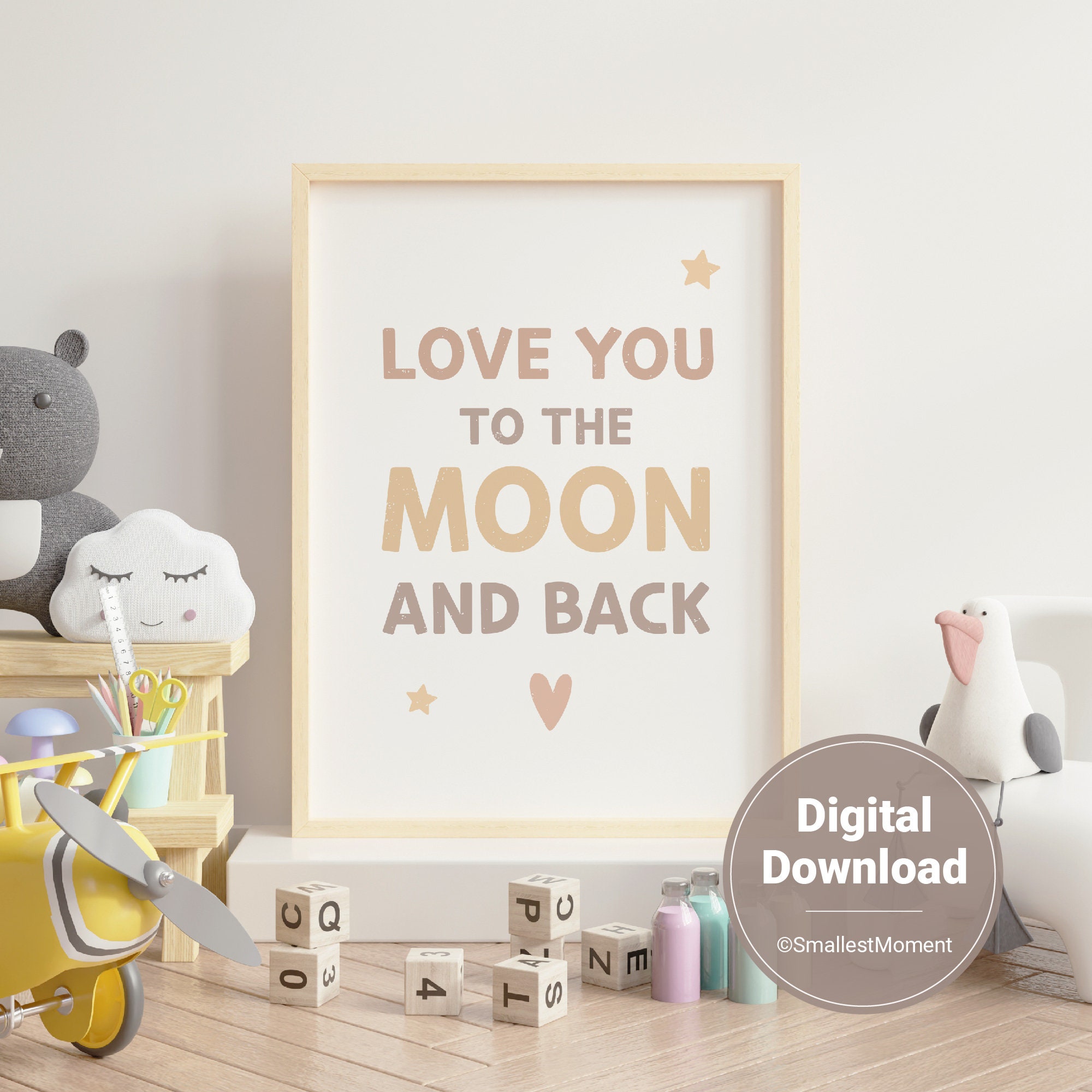 Ich liebe dich bis zum Mond und zurück, Affirmations-Wandkunst für