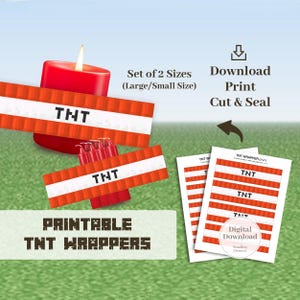 Emballage TNT imprimable, lot de 2, étiquette de décoration de fête d'anniversaire pour enfants, cadeau bricolage, étiquette d'emballage de bougie imprimable Minecraft pixel art gaming