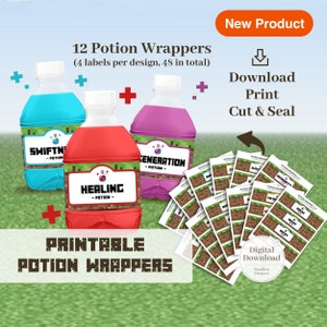Mine Drink Label 12er Set, DIY Geschenk Kindergeburtstag Spielplatz Party Dekor Etikett, Minecraft Pixel Art Potion Drink Label Wrapper, 12er Set