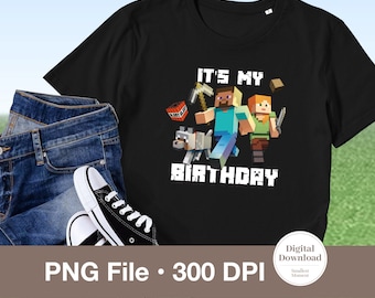 MineC Birthday Shirt PNG: Pixel Game Party (Digital Download