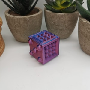 Può includere: Un piccolo cubo viola e blu con un motivo geometrico su ogni lato. Il cubo ha una superficie testurizzata ed è fatto di plastica.