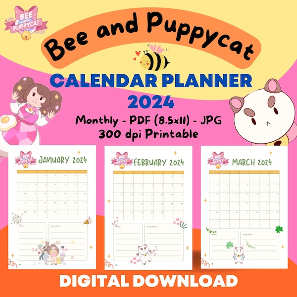 Bee and Puppycat Calendar Planner 2024, Monthly Calendar, PDF 8.5x11 in, Printable Planner, Adult/Teens/Kids Activity Page, Coloring Sheets