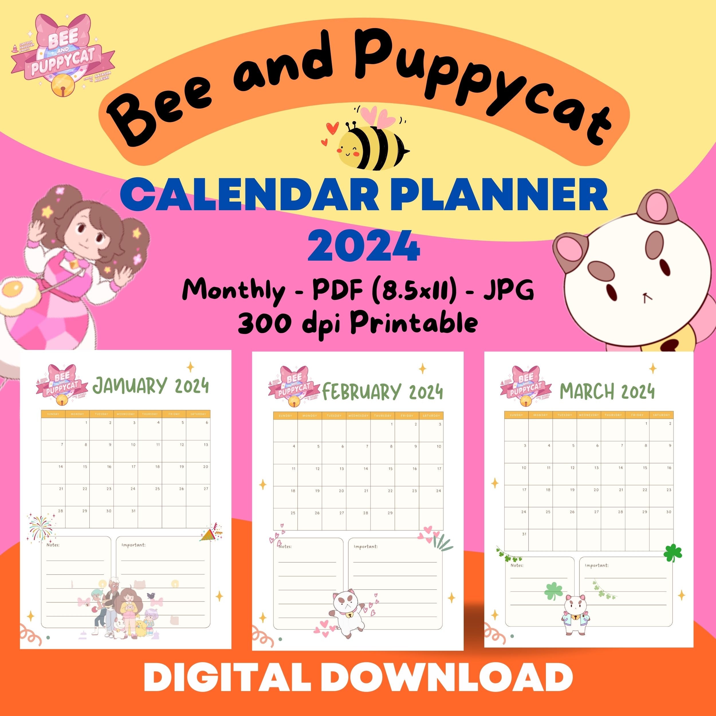 Bee and Puppycat Calendar Planner 2024, Monthly Calendar, PDF 8.5x11 In