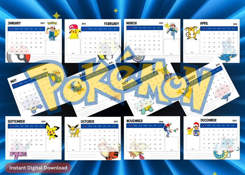 2024 Printable Monthly Calendar Pokemon PDF Format Pokemon Etsy