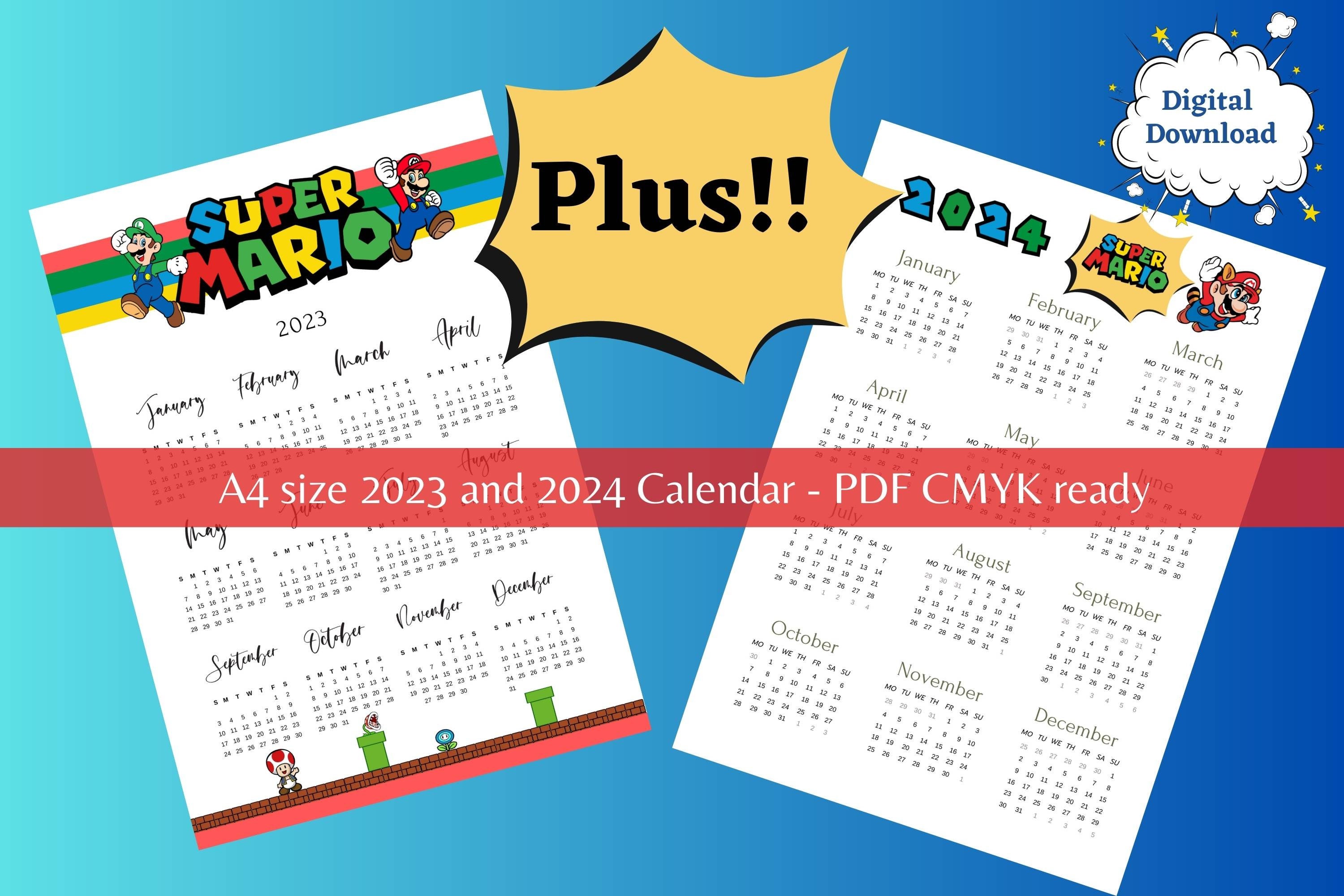 Mario Bros Calendar Planner blank/undated, Printable Desktop, Wall