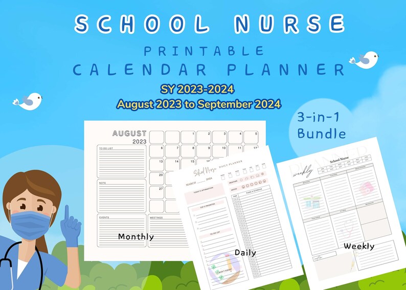 School Nurse Printable Calendar Daily, Weekly, Monthly, Clinic Nurse Planner Templates, School