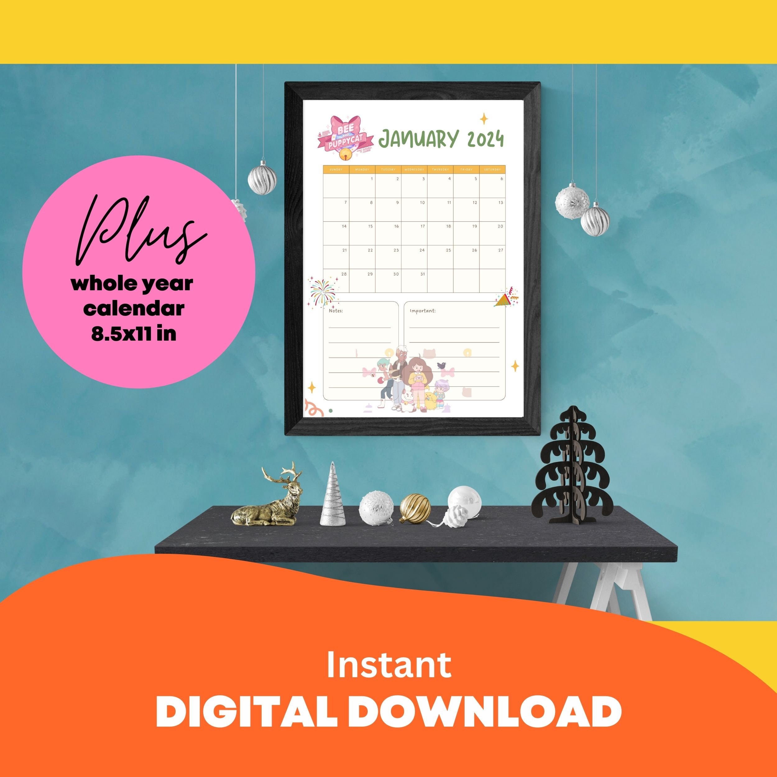 Bee and Puppycat Calendar Planner 2024, Monthly Calendar, PDF 8.5x11 In