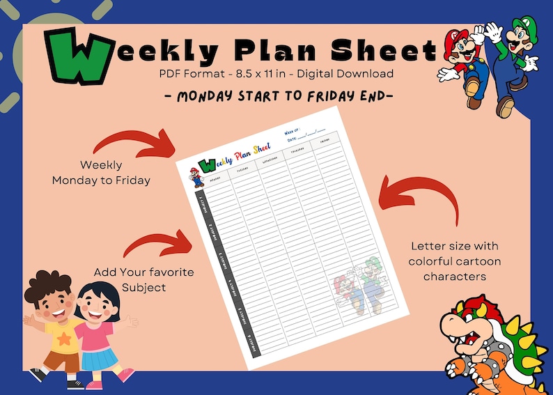 Weekly Planner Sheet monday to Friday PDF Printable, Daycare Use ...