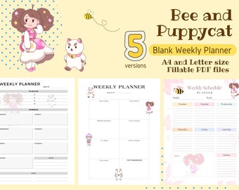 Bee and Puppycat Blank Weekly Planner 5 Versions, Printable Fillable Schedule Calendar, Weekly Organizer, Desk Planner, Letter and A4 Size