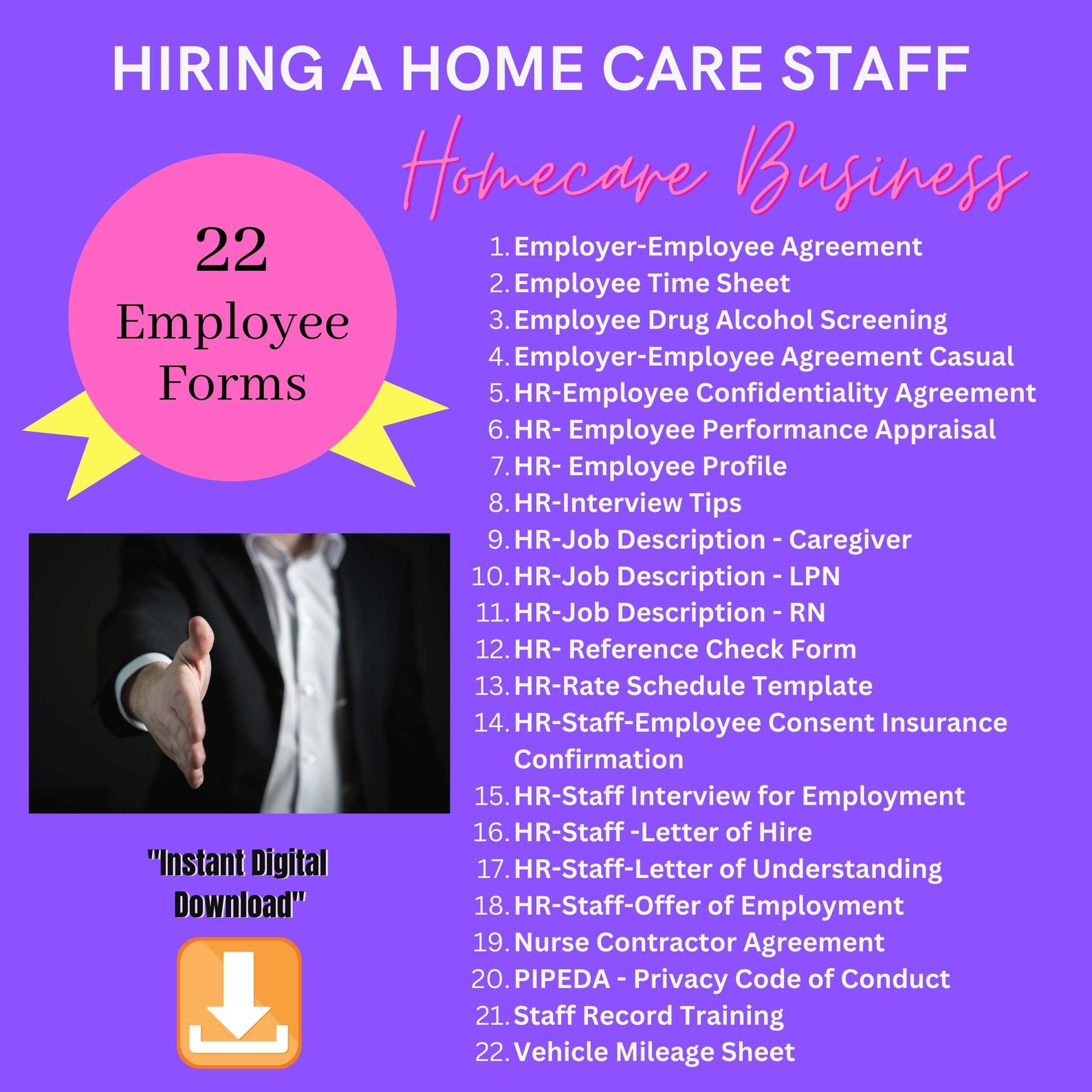 Homecare Business, Hiring a Homecare Staff 22 Forms, Employee Agreement Form, LPN RN Caregiver