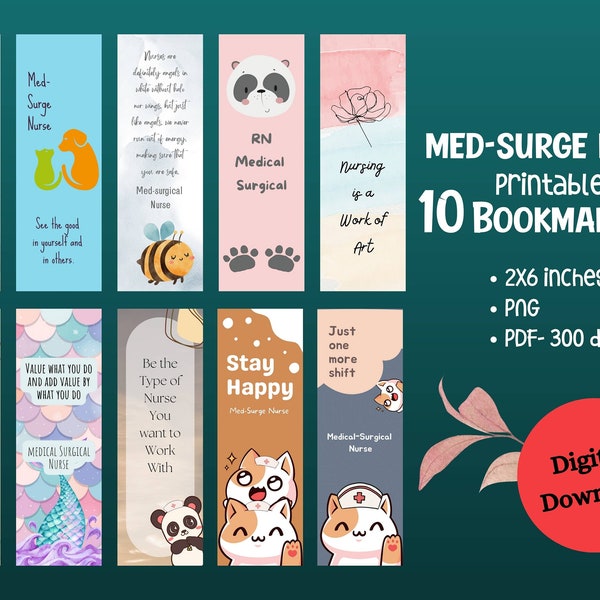 Set of 10 Med-Surgical Nurse Printable Bookmark, Staff Nurse, RN/Lpn, Medical Nurse, Png/Pdf Files, Book Lover Gift for Nurses, Nursing Week