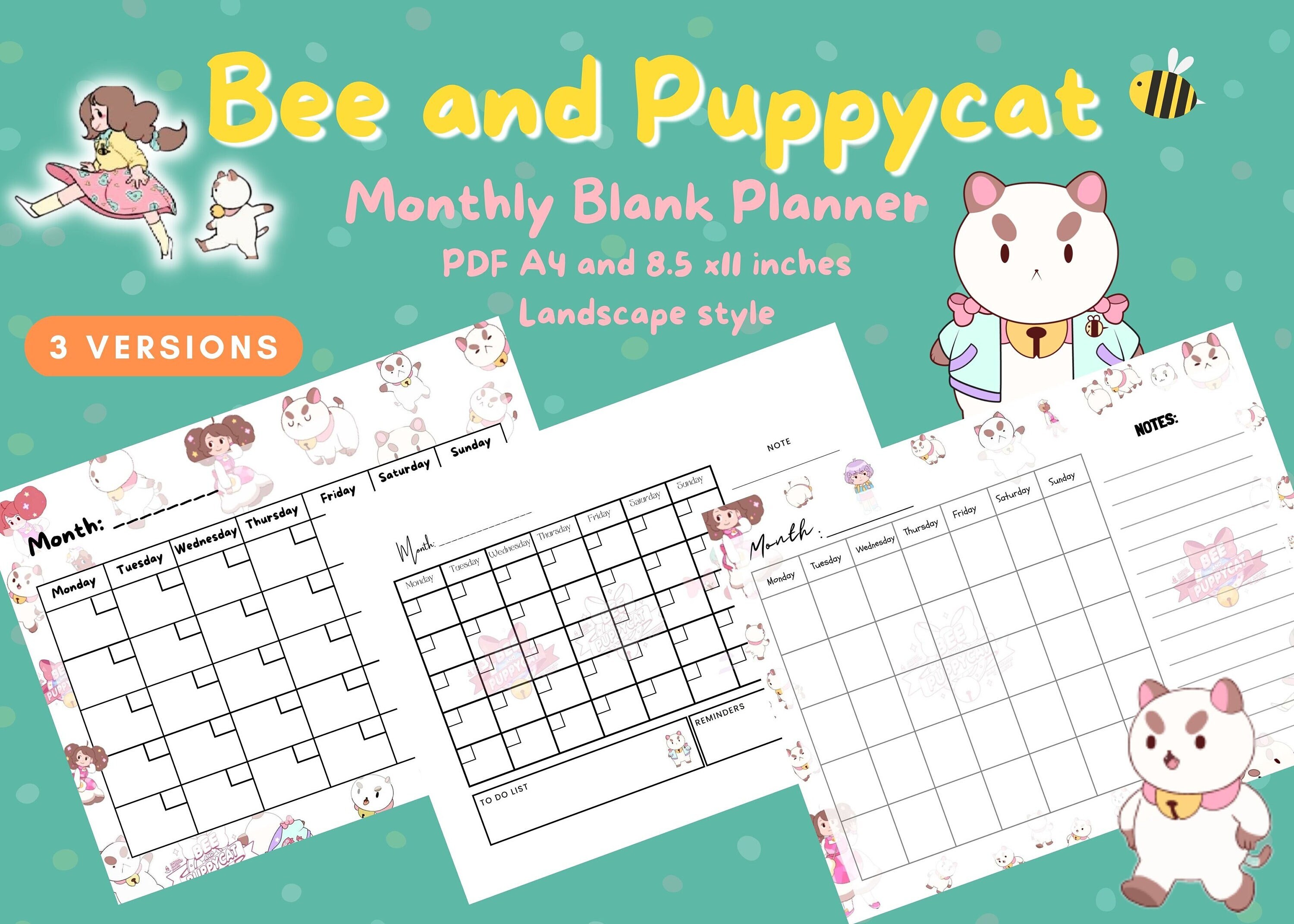 Bee and Puppycat Blank Monthly Calendar, Undated Planner PDF A4/letter