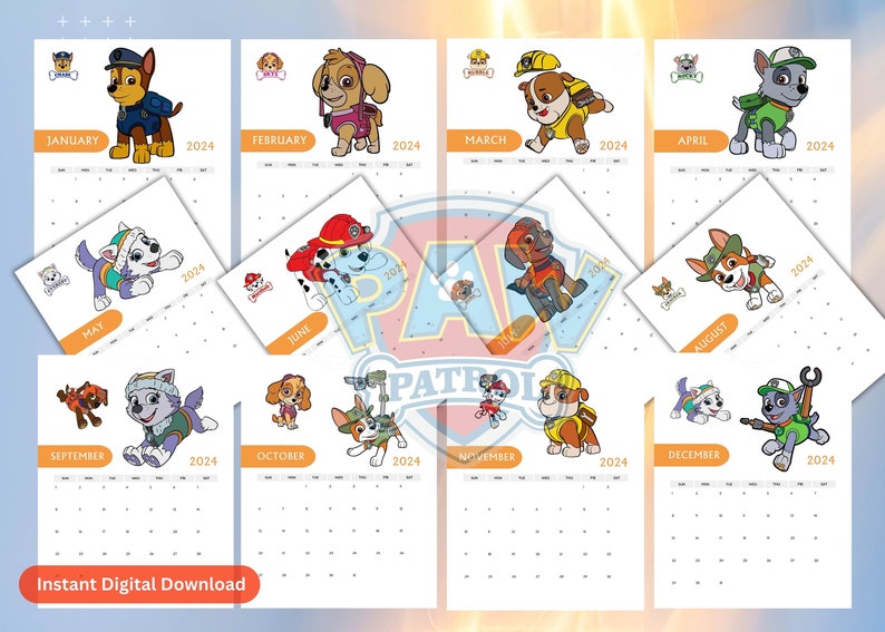 Pup Cartoon 2024 Printable Calendar monthly Plus Yearly Paw Etsy Canada