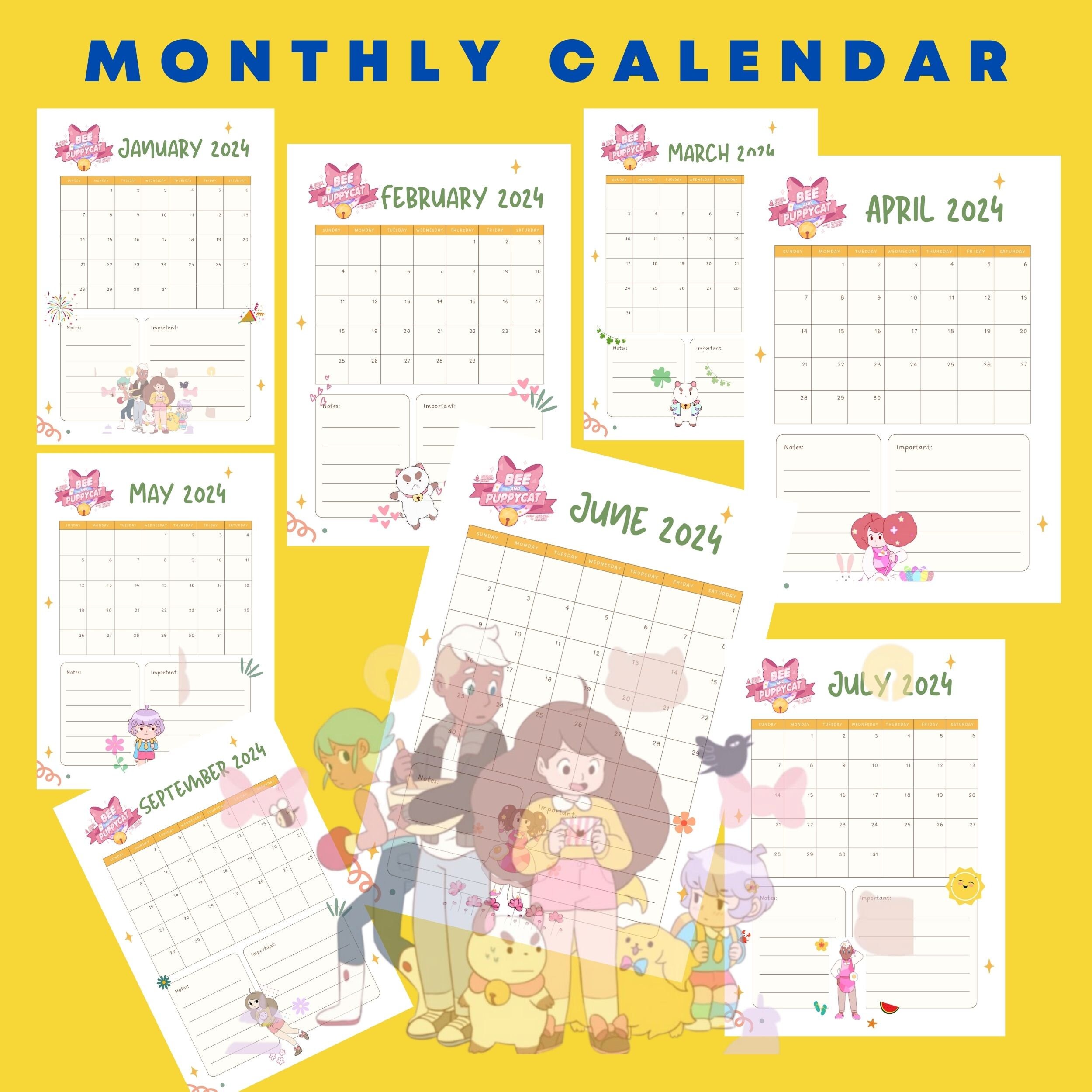 Bee and Puppycat Calendar Planner 2024, Monthly Calendar, PDF 8.5x11 In