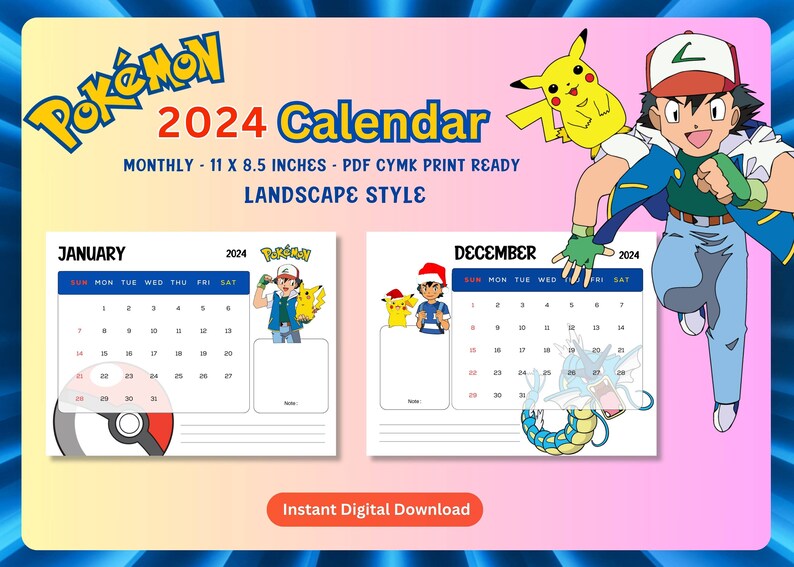 2024 Printable Monthly Calendar Pokemon PDF Format Pokemon Etsy