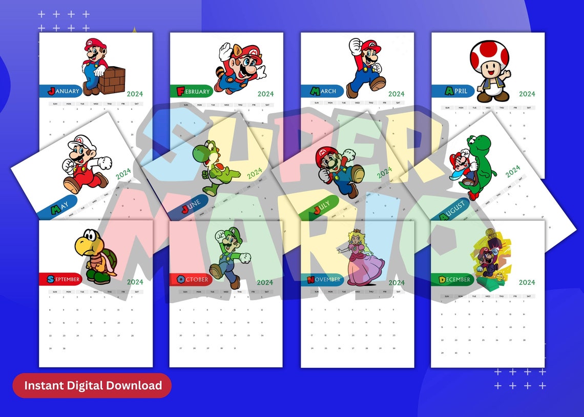 Mario Bros 2024 Calendar monthly Plus Yearly, Printable Desktop, Wall ...