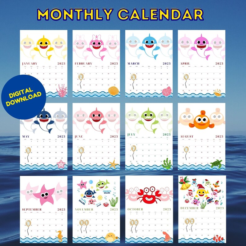 Baby Shark 2023 Printable Calendar Monthly Letter Size PDF Etsy
