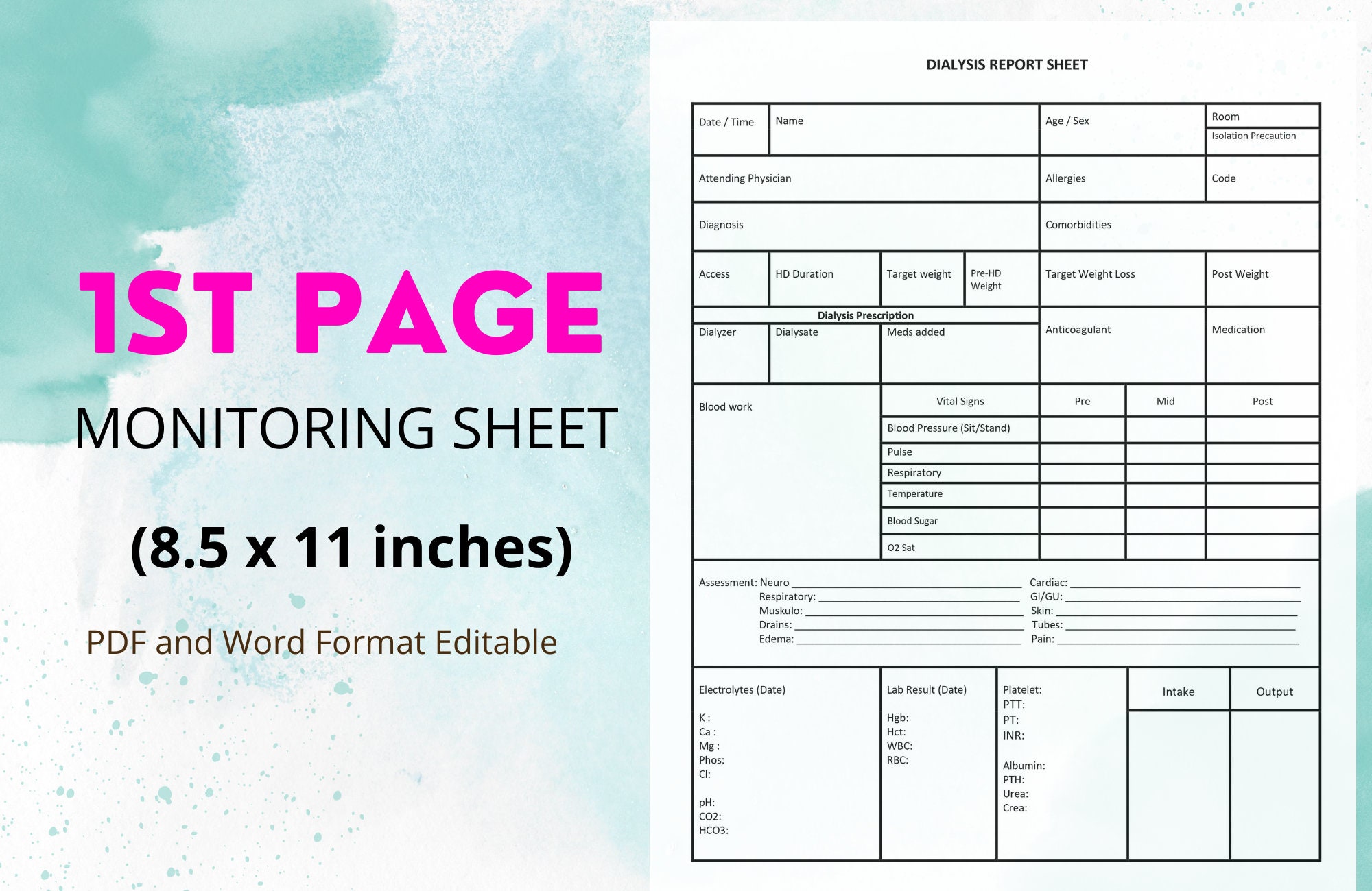 Hemodialysis, Home Dialysis, Peritoneal Renal Monitoring Sheet Templates editable Word and PDF ...