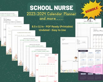 School Nurse Calendar Planner Templates (Undated/Printable), Assessment Notes, Medication/Vaccination Record Sheet, School Health Planning