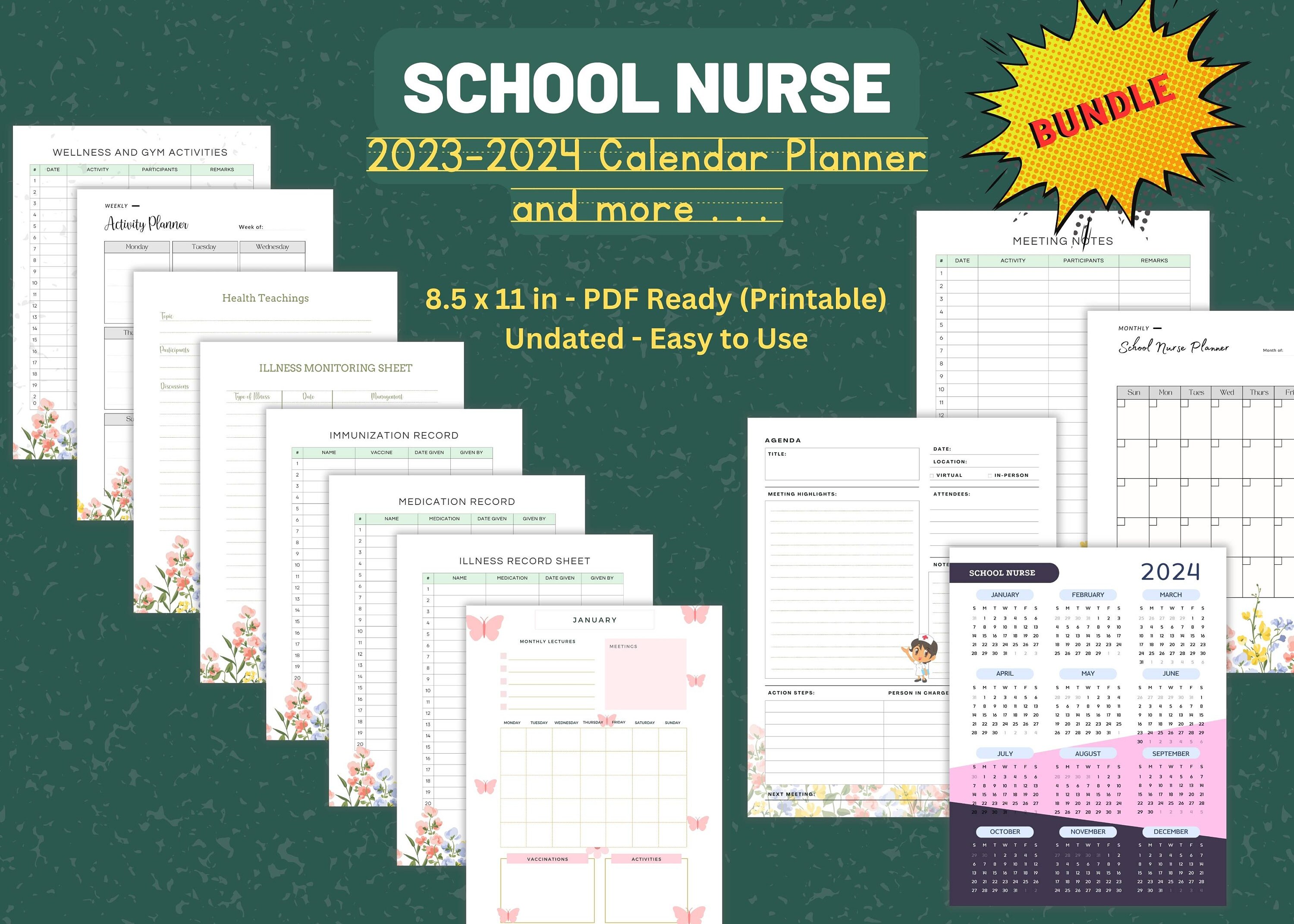 School Nurse Calendar Planner Templates undated/printable, Assessment ...