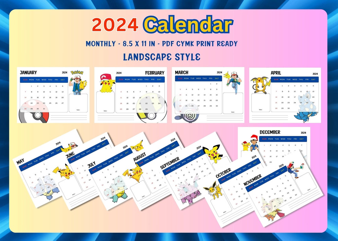 2024 Printable Monthly Calendar Pokemon PDF Format Pokemon Etsy
