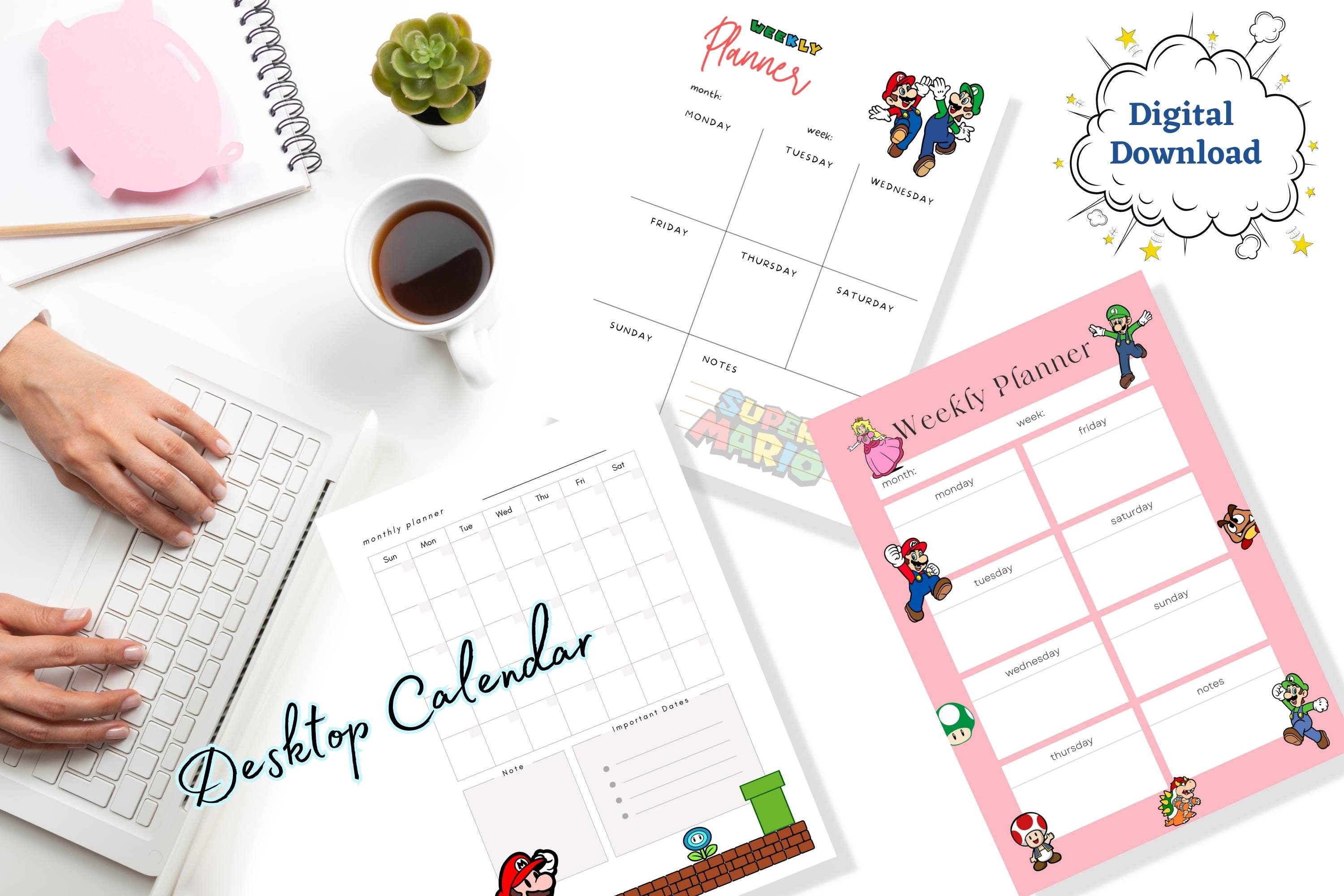 Mario Bros Calendar Planner blank/undated, Printable Desktop, Wall ...
