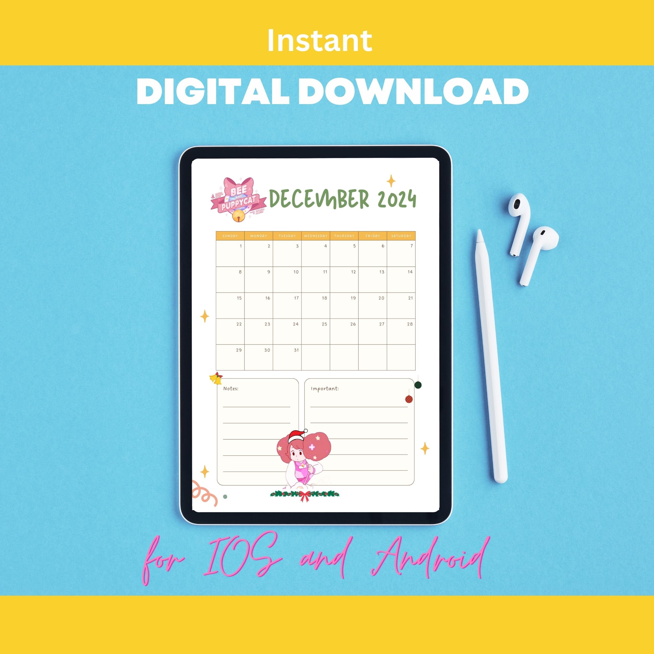 Bee and Puppycat Calendar Planner 2024, Monthly Calendar, PDF 8.5x11 In