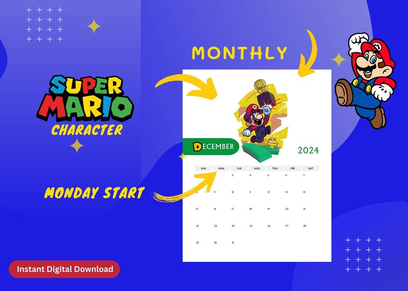 Mario Bros 2024 Calendar monthly Plus Yearly Printable Etsy