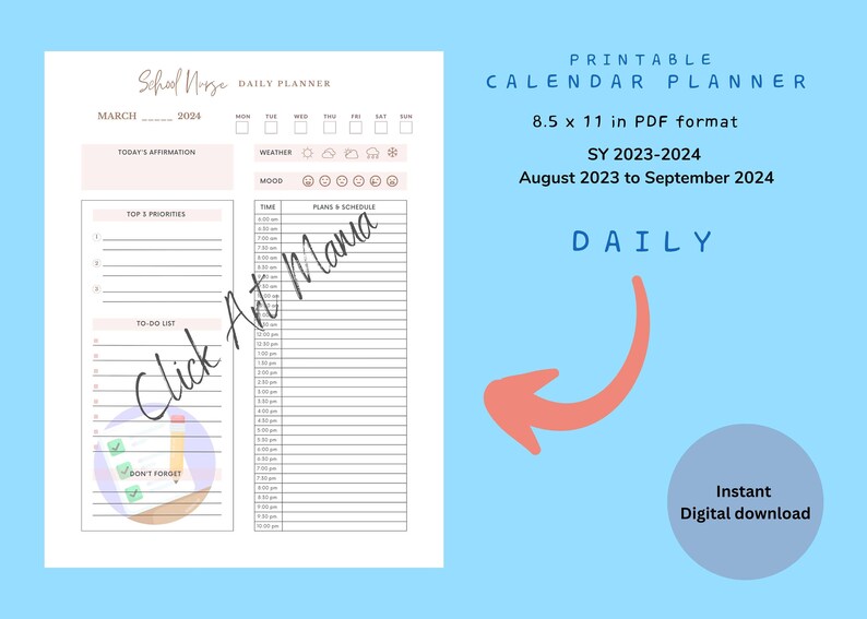 School Nurse Printable Calendar Daily, Weekly, Monthly, Clinic Nurse