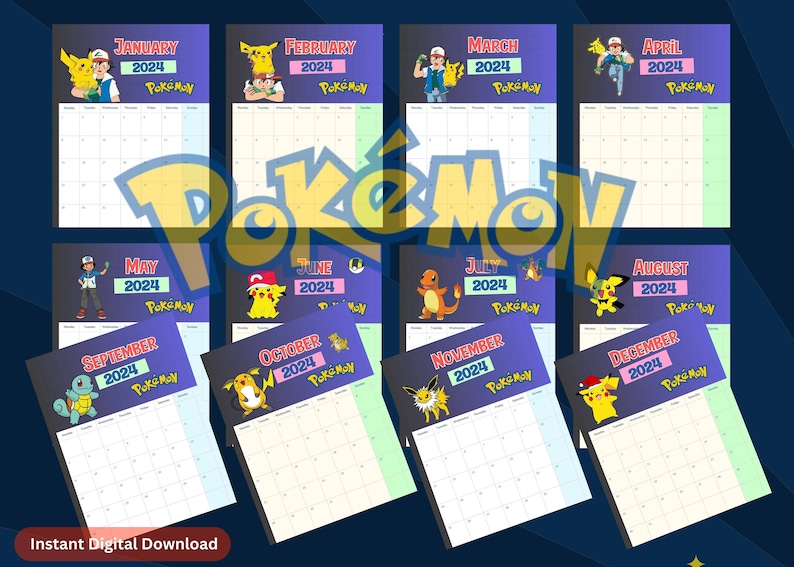Pokémon 2024 Printable Monthly Calendar PDF Format Pikachu Etsy