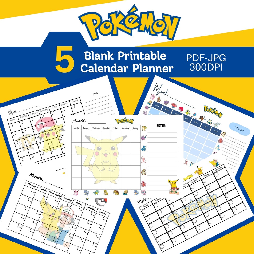 Pokemon Blank Printable Calendar Planner 5 Design, Kids Activity