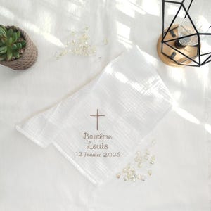 Napkin, handkerchief, shawl, baptismal stole in double white cotton gauze, embroidered with Christian cross and customizable first name and date
