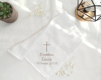 Napkin, handkerchief, shawl, baptismal stole in double white cotton gauze, embroidered with Christian cross and customizable first name and date