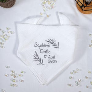 Napkin, handkerchief, shawl, baptism stole in double white cotton gauze, embroidered with olive branches and customizable with first name and date
