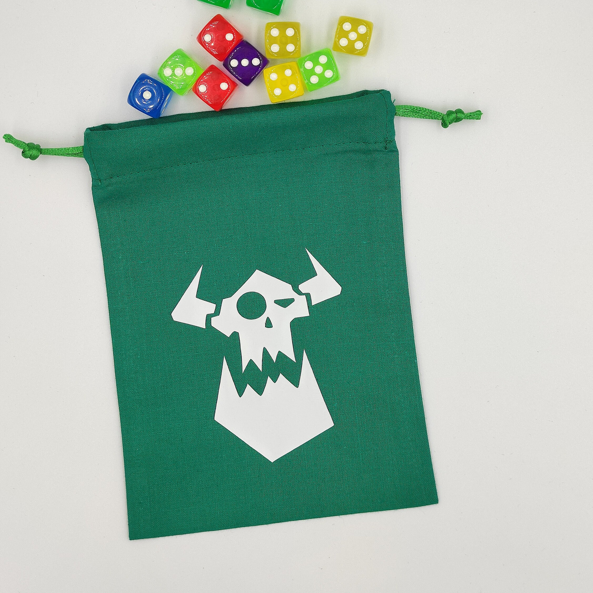 Ork green dice pouch with white logo for storing dice, board game pieces, role-playing games, wargames