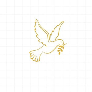 May include: A gold outline of a dove carrying an olive branch in its beak, symbolizing peace.