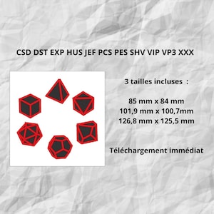 May include: A set of six red and black geometric shapes, including a cube, a pyramid, and four other shapes. The shapes are arranged in a circle. The text "CSD DST EXP HUS JEF PCS PES SHV VIP VP3 XXX" is at the top of the image. The text "3 tailles incluses : 85 mm x 84 mm 101,9 mm x 100,7mm 126,8 mm x 125,5 mm Téléchargement immédiat" is at the bottom of the image.